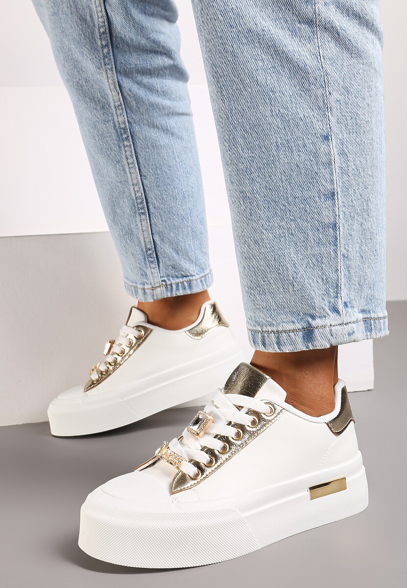 Białe Casualowe Sneakersy na Platformie Ozdobione Cyrkoniami i Metalicznymi Wstawkami Primaria