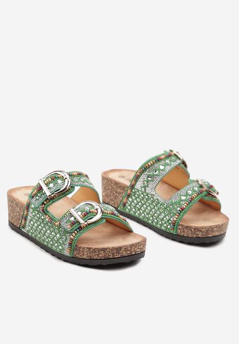 Zielone Płaskie Klapki na Korkowej Podeszwie z Ozdobnymi Klamrami i Koralikami Tinalins
