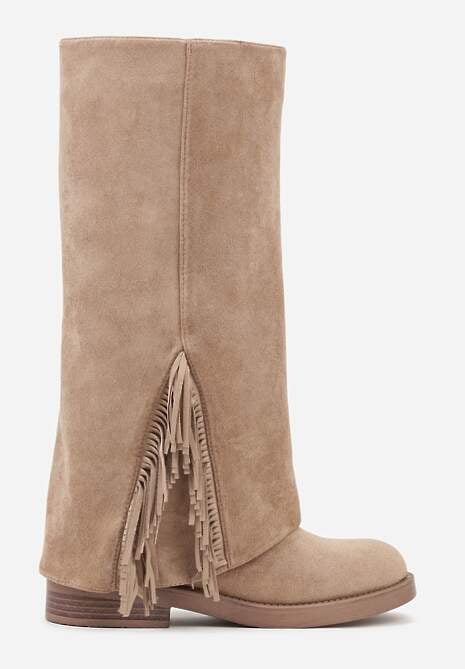 Ciemnobeżowe Kozaki Ozdobione Frędzlami i Wywiniętą Cholewką Reilevia