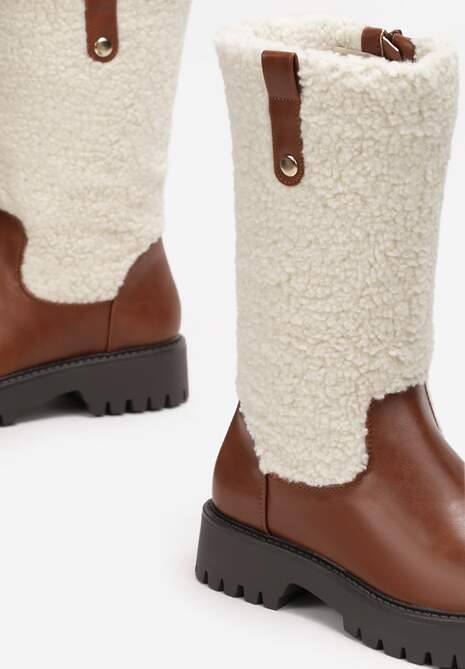 Brązowe Płaskie Botki z Cholewką z Ciepłego Kożuszka Cirillo