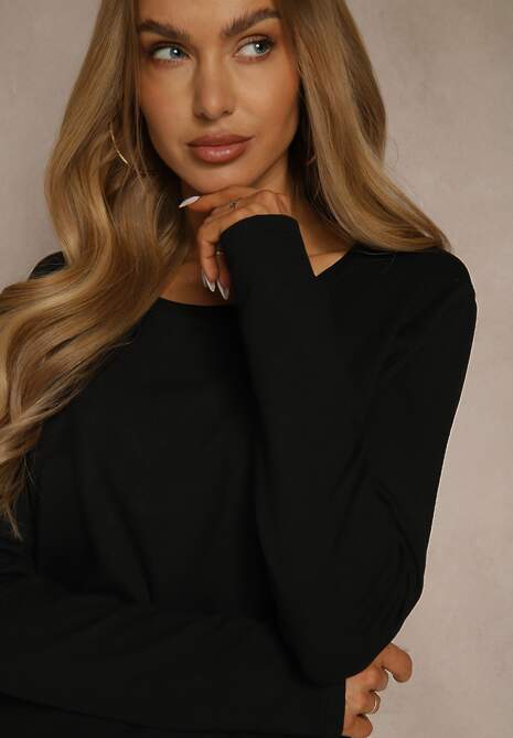Czarna Casualowa Bluzka Longsleeve z Okrągłym Dekoltem Unaladesa
