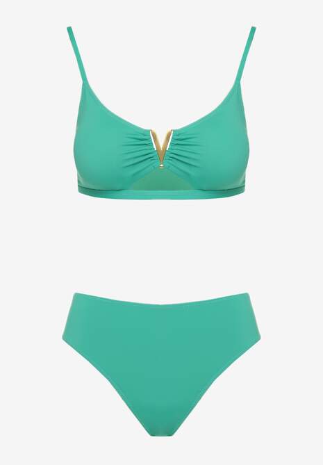 Ciemnozielone Bikini Majtki Figi i Biustonosz Ozdobiony Metaliczną Aplikacją Kinniela