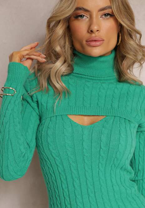 Zielony 2-częściowy Komplet Dzianinowy Sukienka i Sweter Crop Top Rewerta
