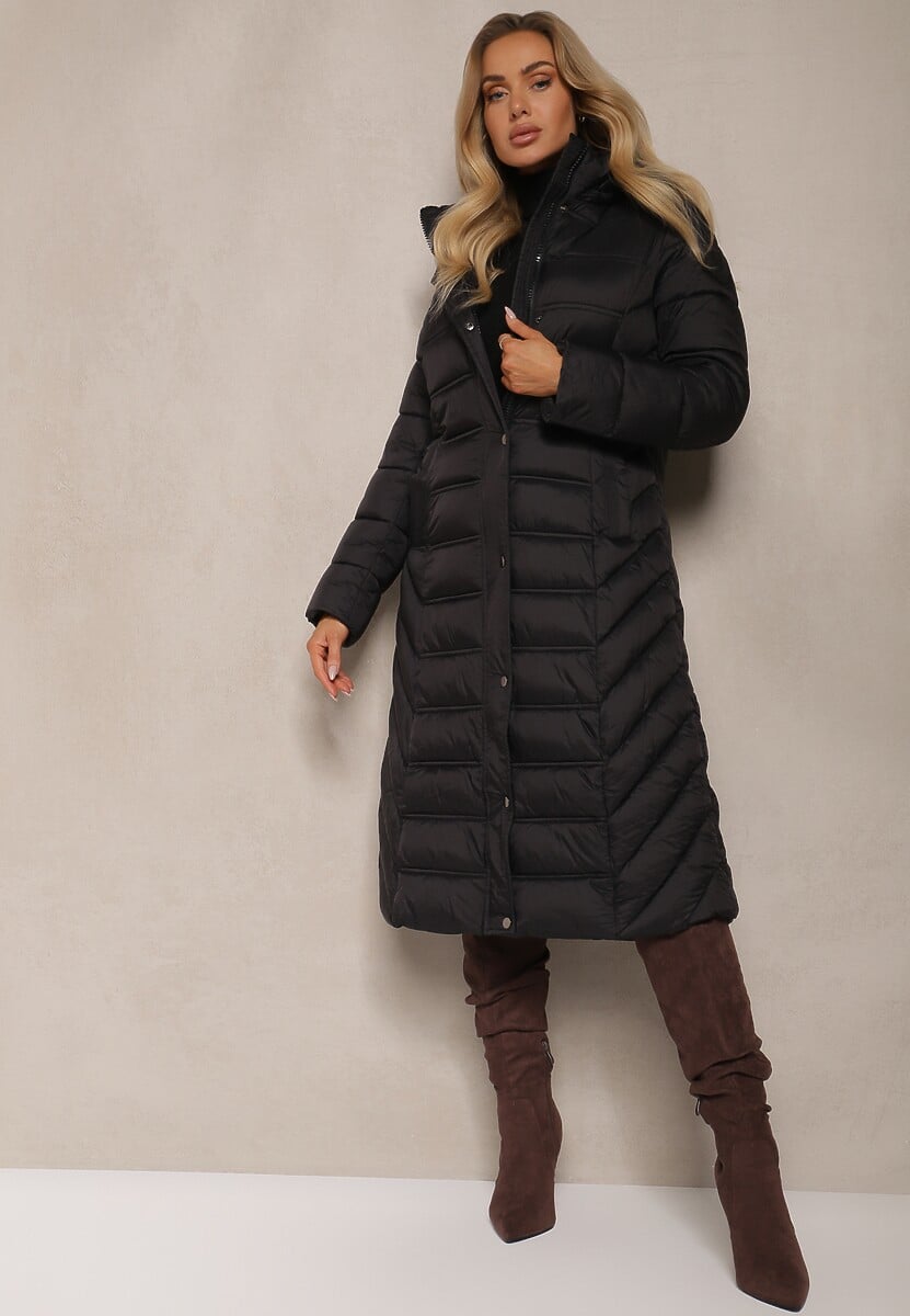 Ciemnozielona Długa Kurtka z Pikowanymi Przeszyciami i Kapturem z Możliwością Odpięcia Realithra