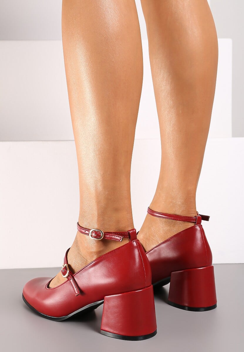 Bordowe Czółenka w Stylu Mary Jane na Obcasie Erimara