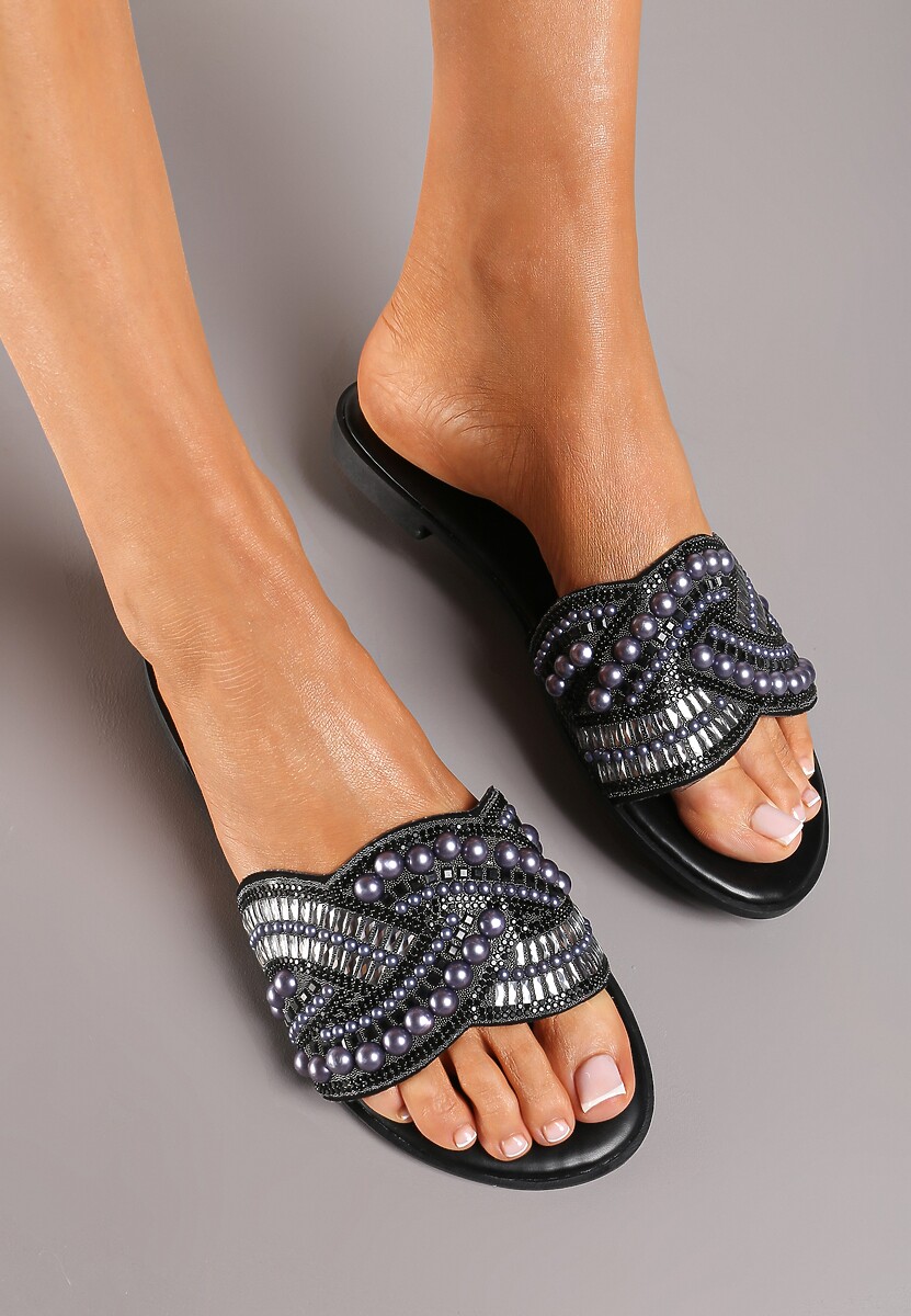 Czarne Płaskie Klapki z Imitacji Skóry Ozdobione Koralikami i Perłami Farnela