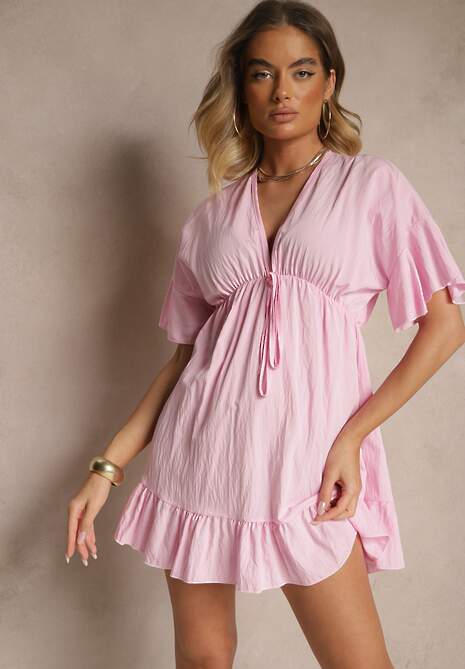 Różowa Rozkloszowana Sukienka z Wiskozą z Rękawami Typu Nietoperz i Falbanką Nellimi