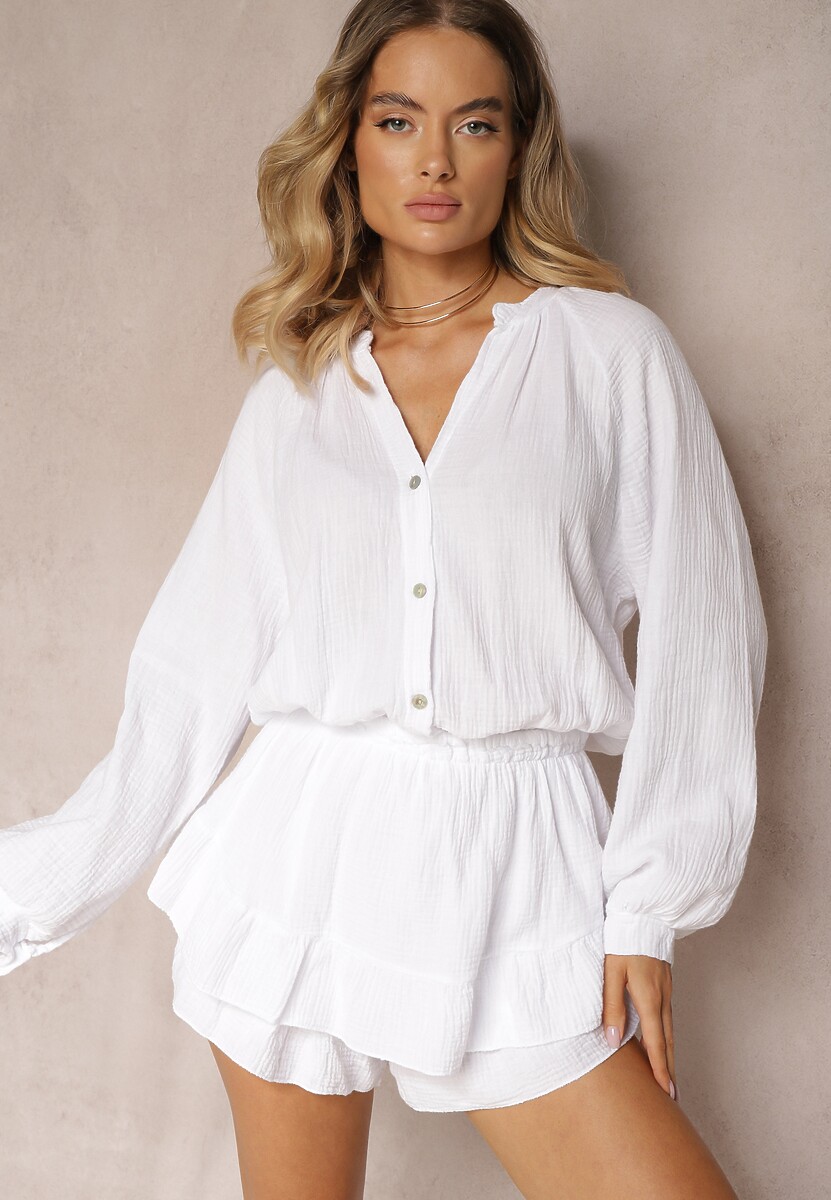 Pomarańczowy Kombinezon z Bawełny ze Spódnico-Spodenkami i Guzikami oraz Gumką w Talii Vimatthea