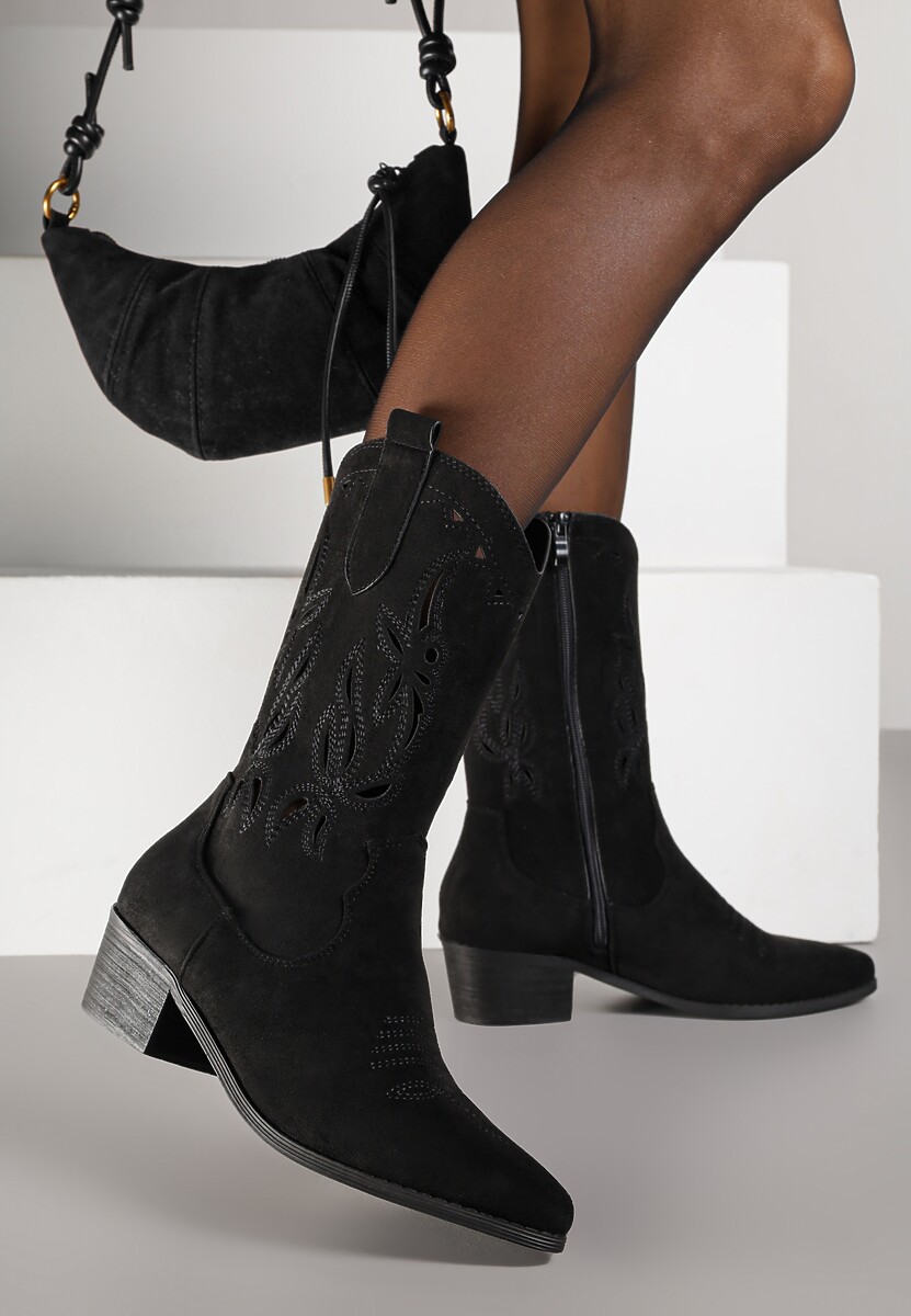Czarne Botki Vices na Słupku Kowbojki z Ażurową Cholewką Rivori