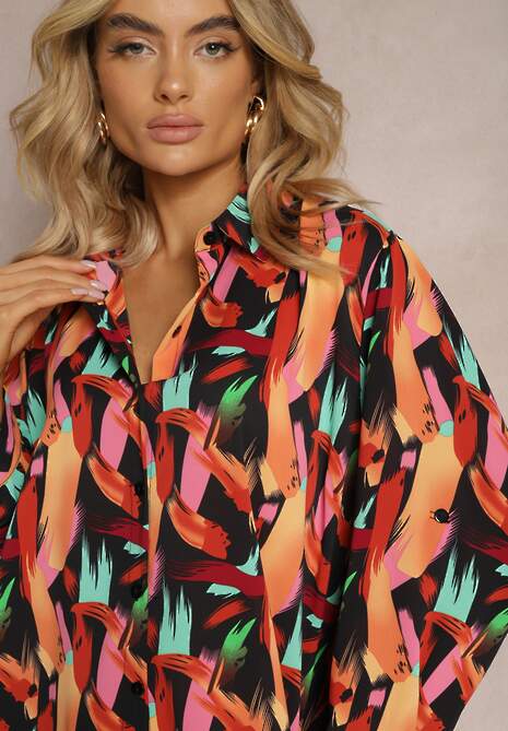 Czarno-Pomarańczowa Długa Koszula na Guziki z Geometrycznymi Wzorami Lakiria