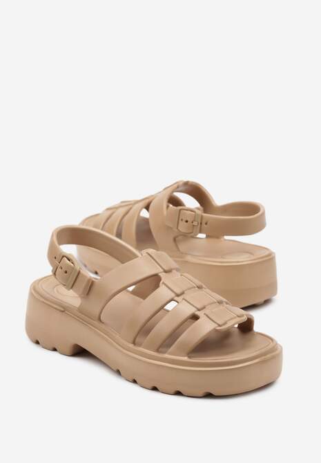 Ciemnobeżowe Sandały z Pianki na Platformie z Ozdobnymi Paskami Dimiah