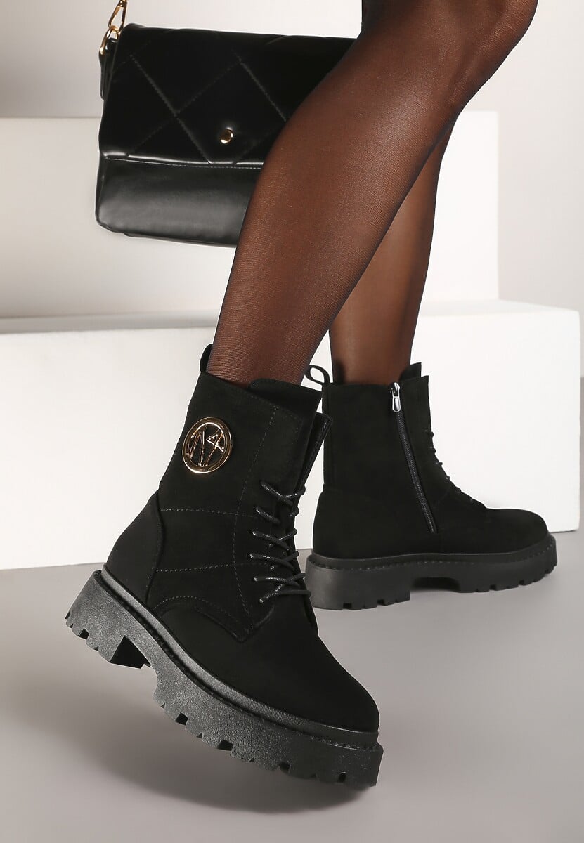 Czarne Botki Workery na Płaskiej Podeszwie z Metaliczną Aplikacją Lerittni