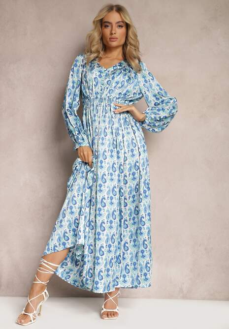 Niebieska Satynowa Sukienka z Gumką w Talii i Wzorem Paisley Xalire