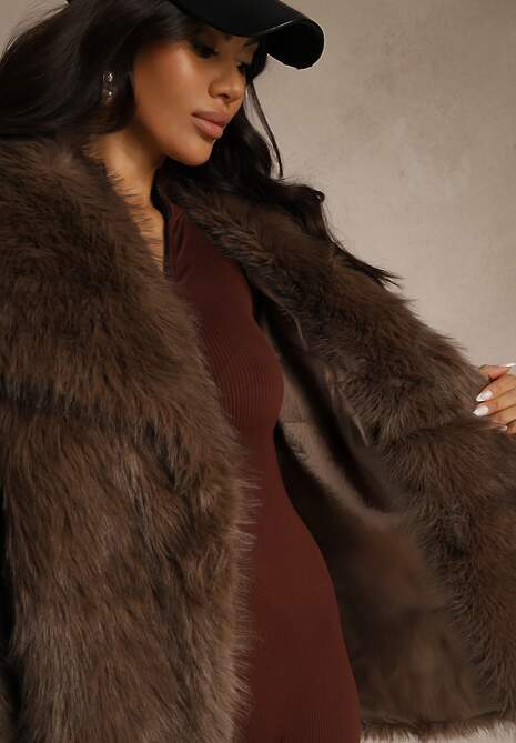 Brązowa Dwurzędowa Kurtka Futerko Oversize Nenalla