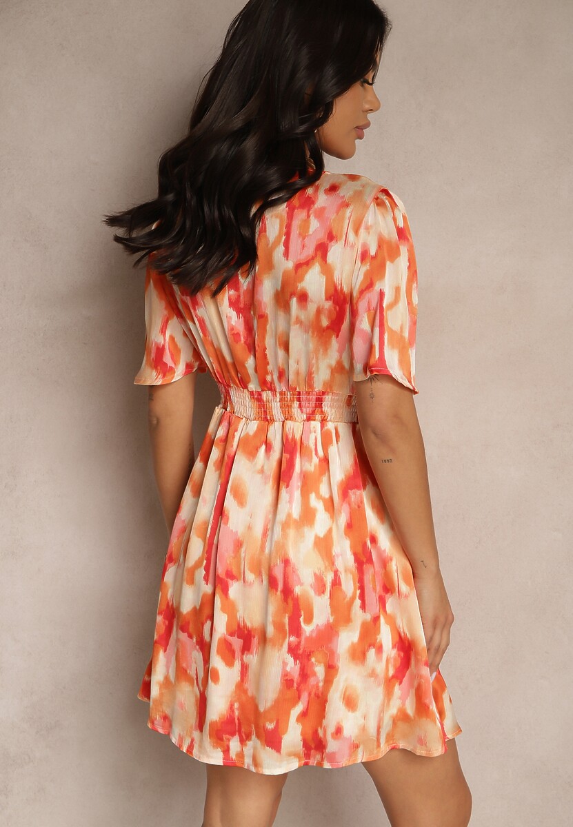 Pomarańczowa Sukienka o Rozkloszowanym Kroju w Abstrakcyjny Wzór Rinarienna