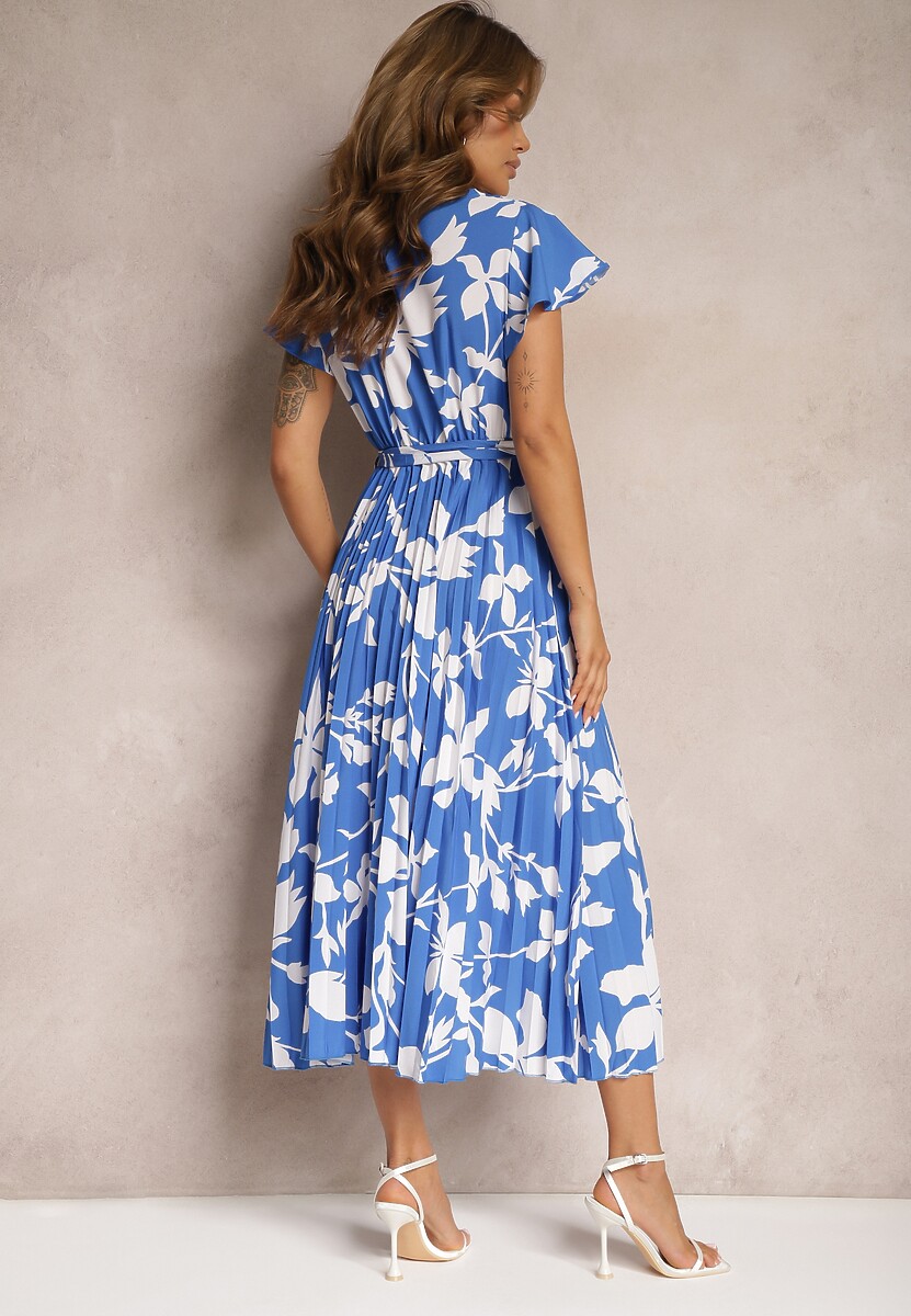 Niebiesko-Biała Sukienka z Kopertowym Dekoltem Plisowanym Dołem Wykończona w Talii Paskiem i Gumką Elsavia