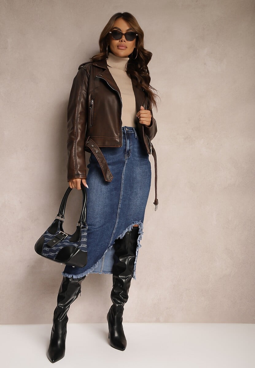 Granatowa Spódnica Jeansowa Midi z Wystrzępionym Rozcięciem Catreena