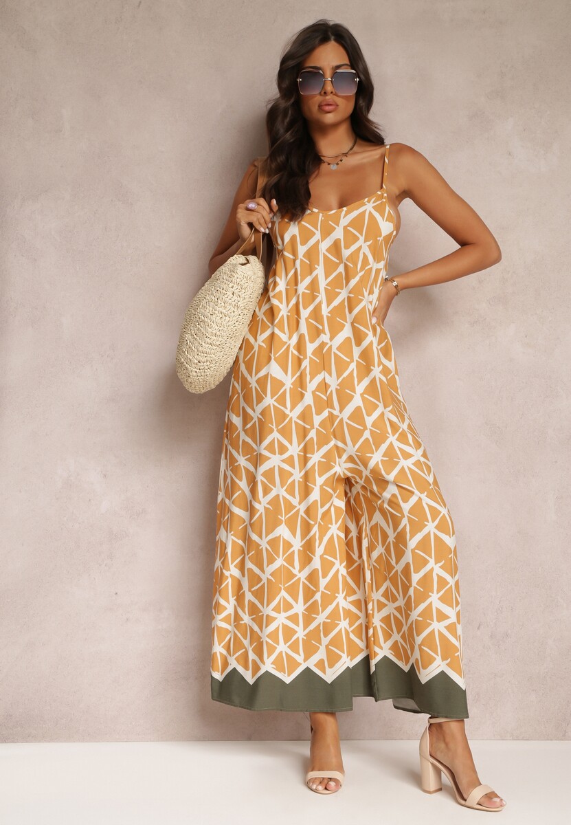 Czarny Wiskozowy Kombinezon w Geometryczne Wzory na Ramiączkach Evera