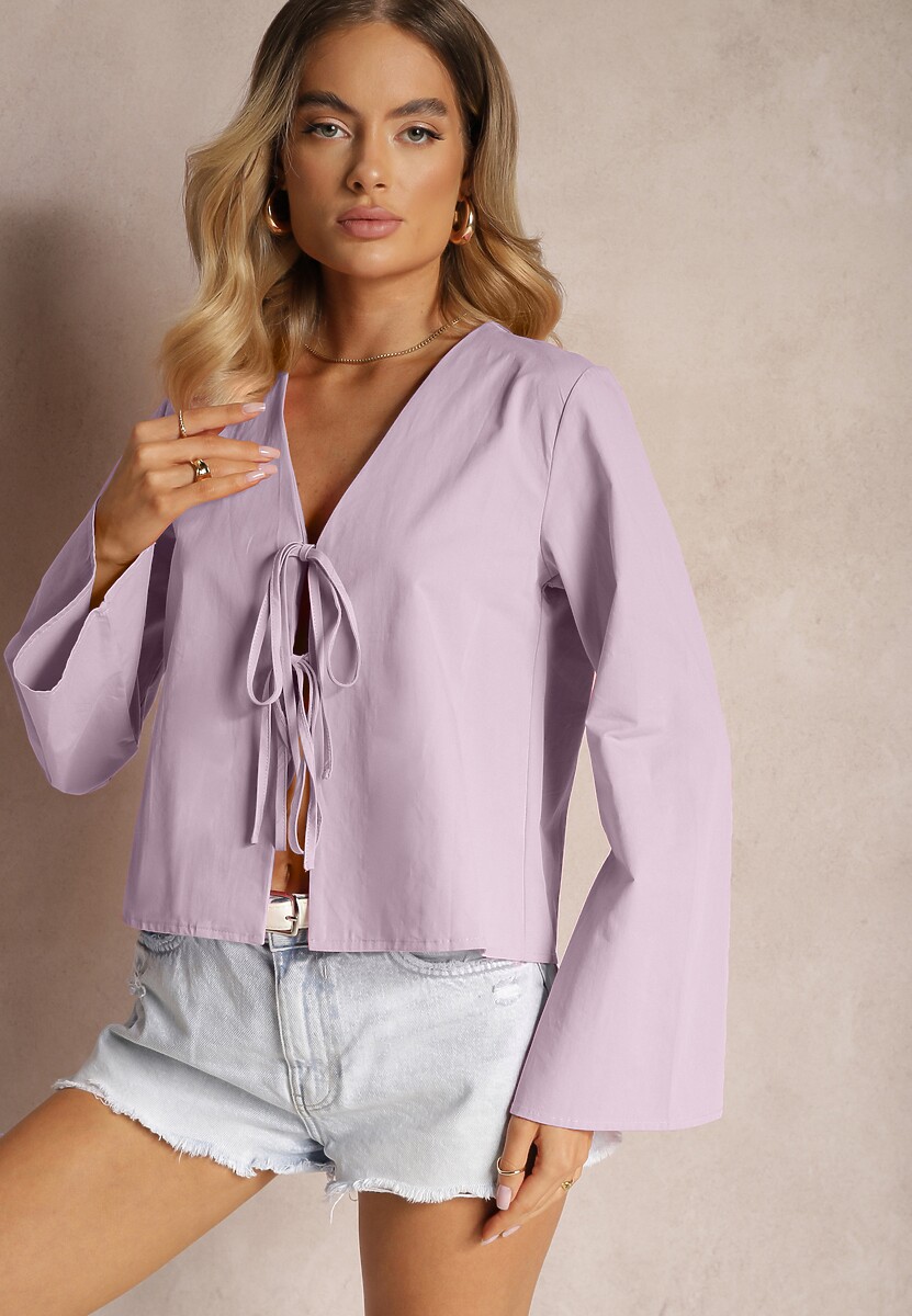 Fioletowa Bluzka z Bawełny Narzutka z Wiązaniami i Rękawami Typu Nietoperz Delorea