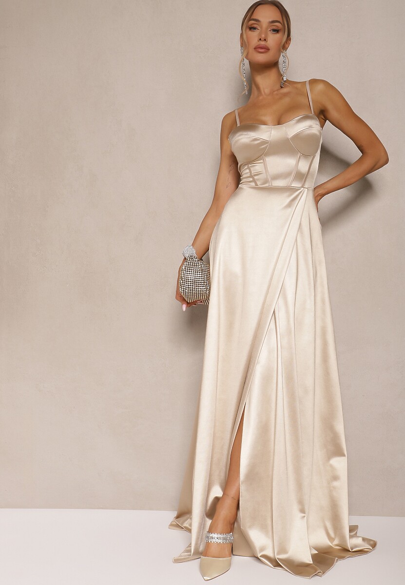 Beżowa Sukienka na Ramiączkach o Rozkloszowanym Kroju z Wiązaniem na Plecach Katirione