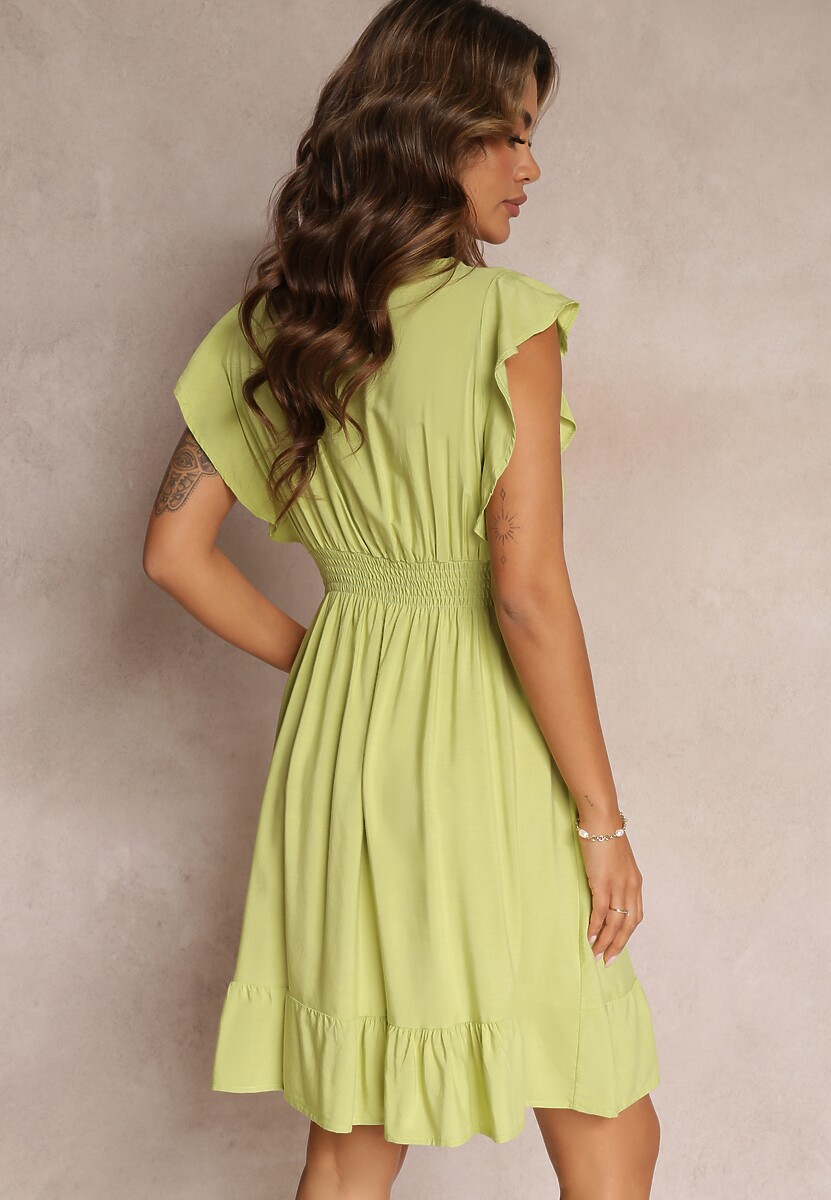 Zielona Mini Sukienka z Wiskozy o Rozkloszowanym Fasonie i Kopertowym Dekolcie Lolsa