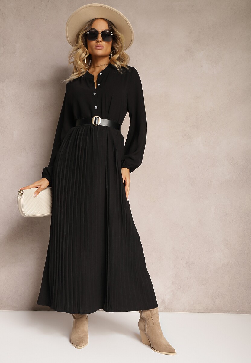 Ciemnoszara Rozkloszowana Sukienka Maxi Plisowana Wiązana w Pasie Terilla