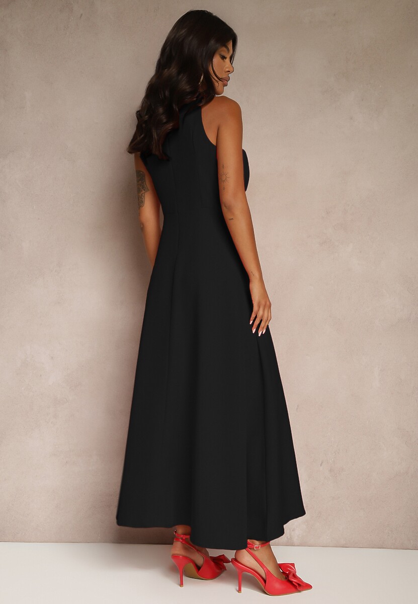 Czarna Koktajlowa Sukienka z Wiskozą i Dekoltem Halter Dolmanna