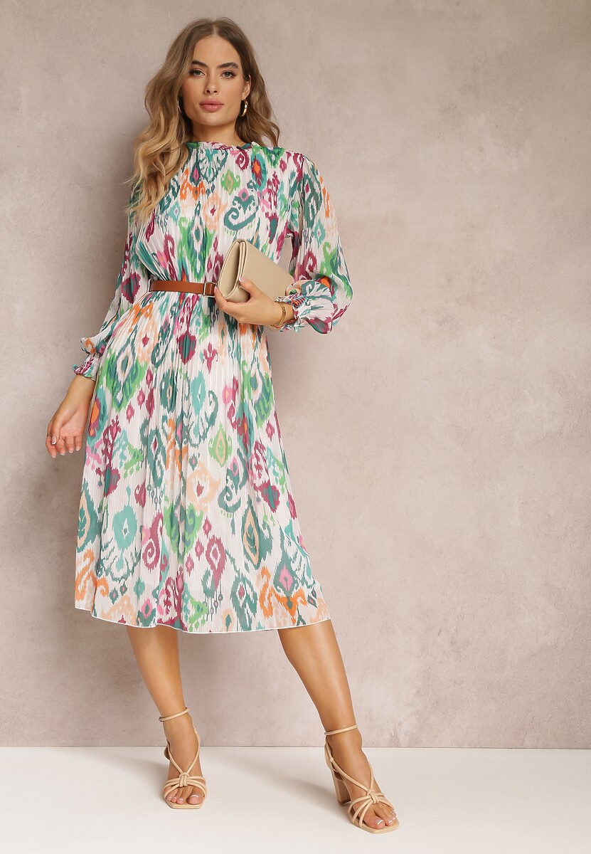 Zielona Rozkloszowana Sukienka z Plisowaniem i Paskiem Thelosine