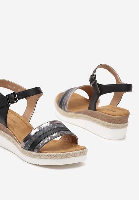 Czarne Sandały z Imitacji Skóry na Koturnie Ozdobione Brokatem Zapinane na Sprzączkę Meafina