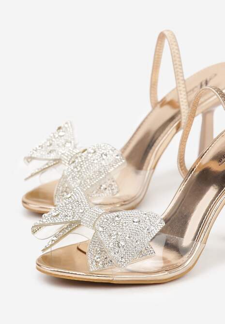 Szampańskie Transparentne Sandały na Klepsydrowej Szpilce z Kokardą i Cyrkoniami Feralia