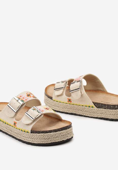 Beżowe Klapki Ozdobione Haftem na Paskach i Plecionką na Platformie Teio