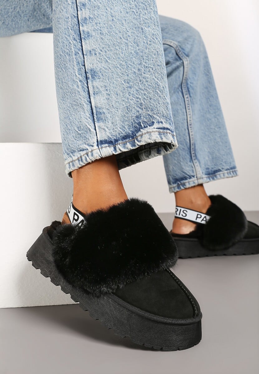 Czarne Kapcie na Platformie Ozdobione Futerkiem i z Gumką Przy Pięcie Titanra
