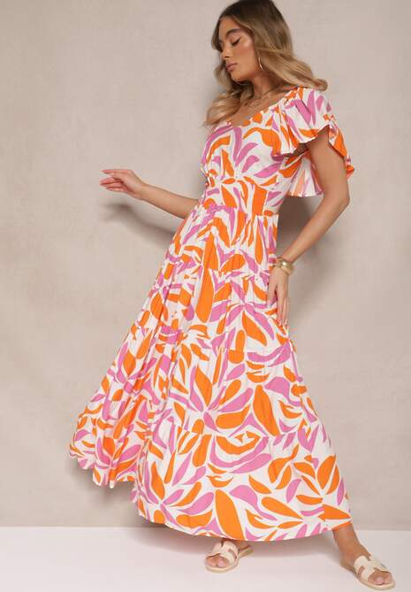 Pomarańczowa Rozkloszowana Sukienka z Wiskozy w Geometryczny Wzór Anisoria