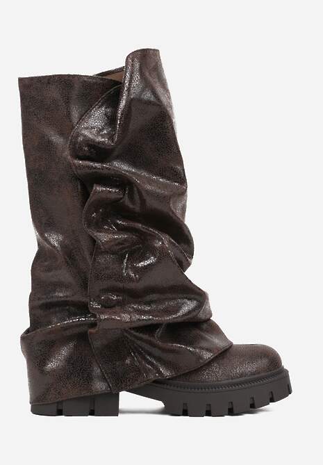 Brązowe Botki na Platformie Ozdobione Wywiniętą Cholewką Nenalea