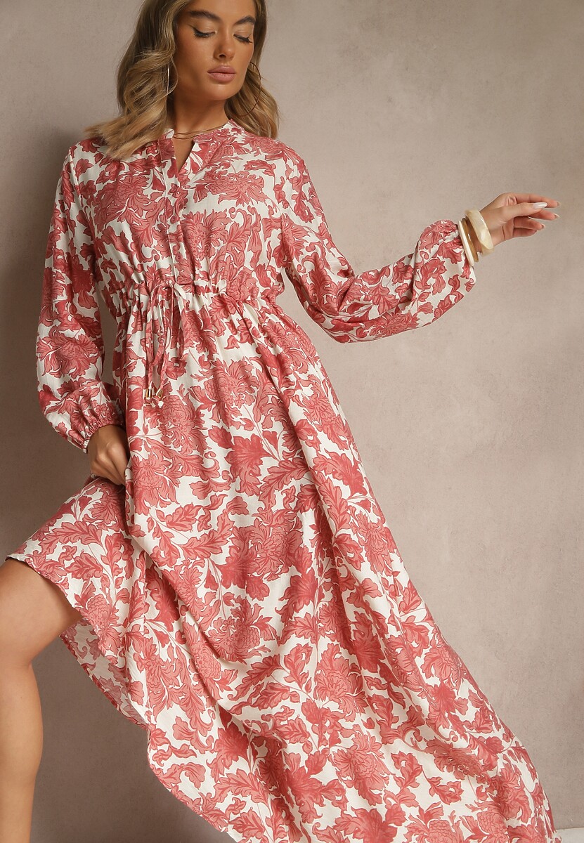 Różowa Kwiecista Sukienka z Wiskozą o Rozkloszowanym Kroju Filennea