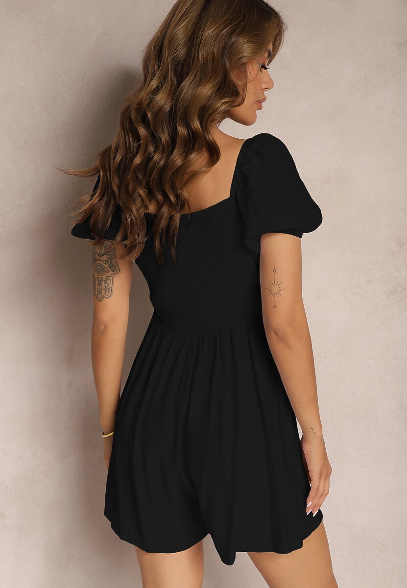 Czarny Wiskozowy Letni Kombinezon z Krótkim Rękawem i Kwadratowym Dekoltem Geviana