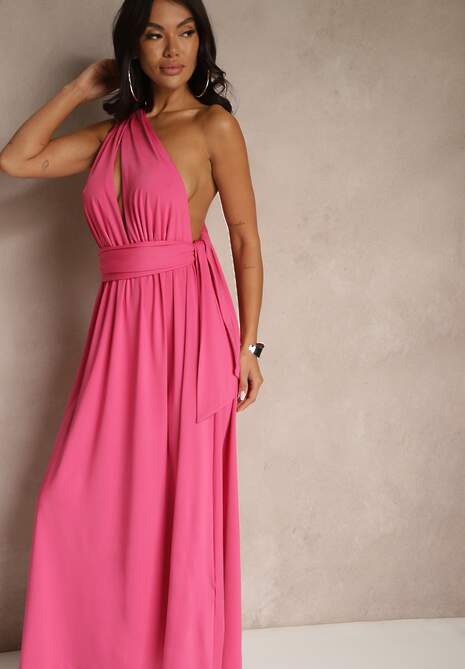 Fuksjowa Sukienka Koktajlowa Multiway z Wiskozą Wiązana na Szyi Lilovea