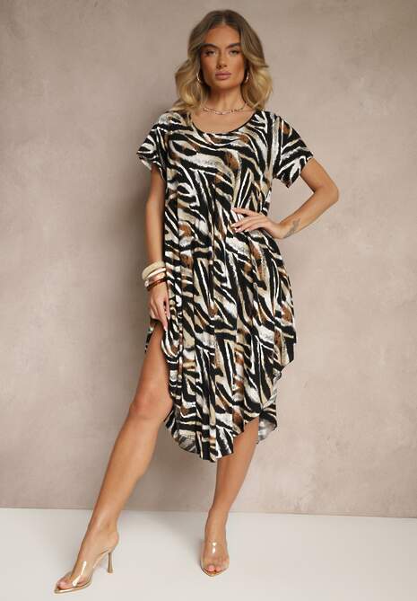 Beżowa Rozkloszowana Sukienka z Bawełny  z Dłuższym Tyłem Ronellea