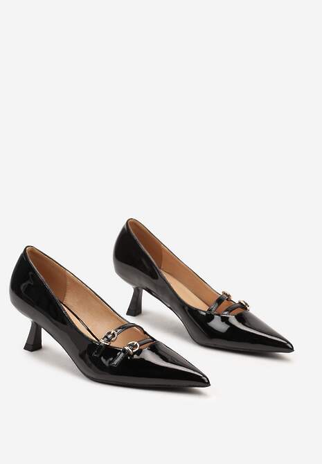 Czarne Czółenka na Szpilce Kaczuszki z Paskami Zapinanymi na Sprzączki Lilanna