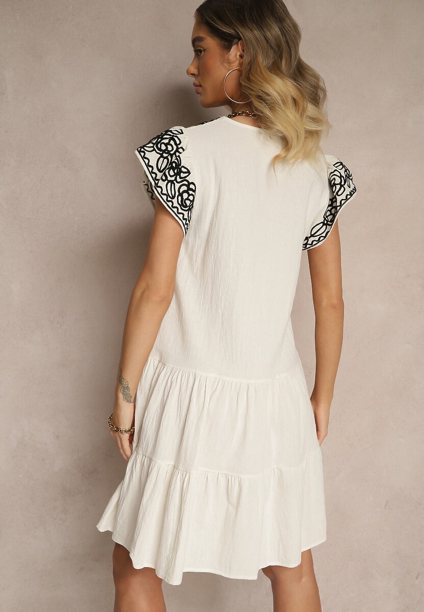 Beżowa Bawełniana Sukienka Boho Ozdobiona Haftami Eviriella