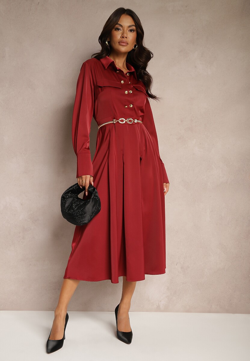 Bordowa Koszulowa Sukienka o Rozkloszowanym Kroju z Gumką w Pasie i Imitacją Kieszeni Etaviela