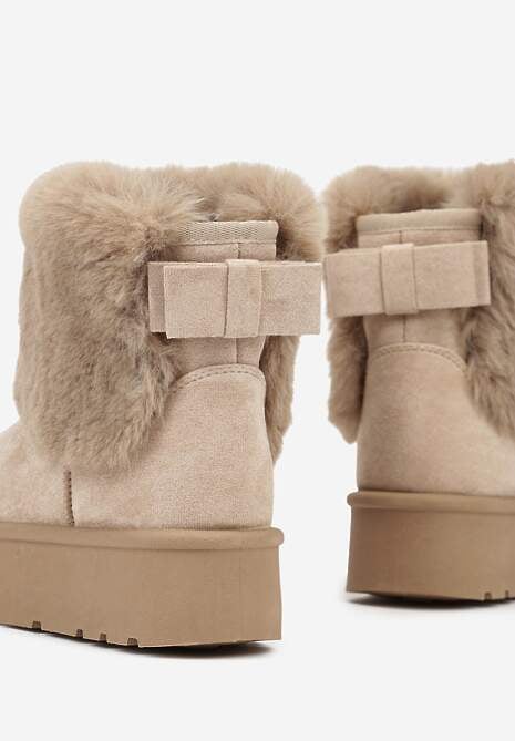 Ciemnobeżowe Śniegowce z Cholewką za Kostkę Ocieplane z Futerkiem i Małą Kokardą Reinedia