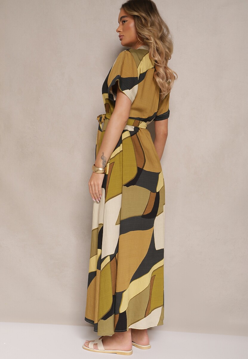 Zielona Wiskozowa Sukienka Koszulowa z Paskiem w Geometryczny Print Falintia