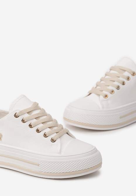 Białe Sznurowane Trampki na Grubej Podeszwie z Aplikacją Aniler