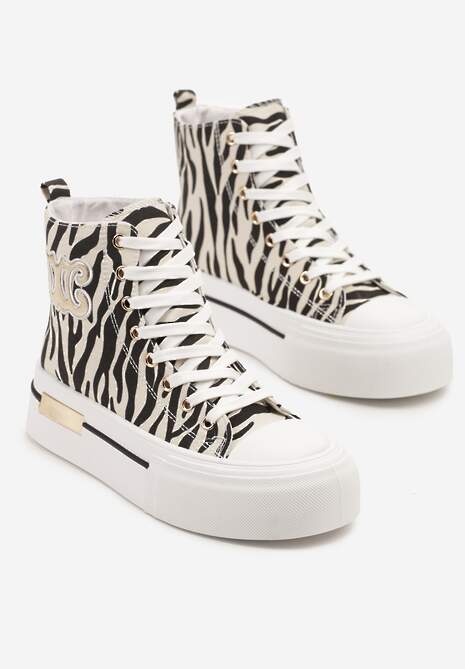 Beżowo-Czarne Trampki na Platformie za Kostkę Ozdobione Printem w Zeberkę i Naszywką Joliris