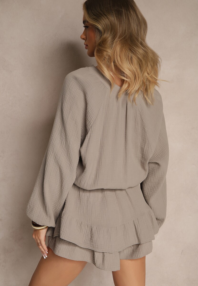 Ciemnobeżowy Kombinezon z Bawełny Ozdobiony Wiązaniem i Falbankami Nalelia