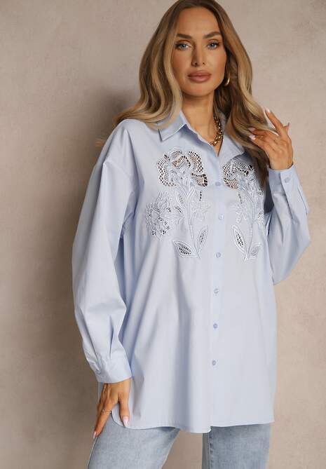 Jasnoniebieska Koszula Oversize z Bawełny z Ażurowymi Zdobieniami z Motywem Kwiatowym Voesia