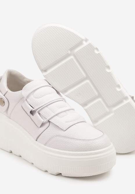 Białe Sneakersy na Platformie ze Skóry Naturalnej z Ozdobnym Paskiem Reselle