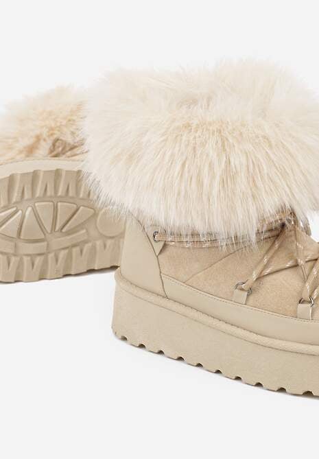 Beżowe Śniegowce na Platformie Ozdobione Futerkiem Teswena