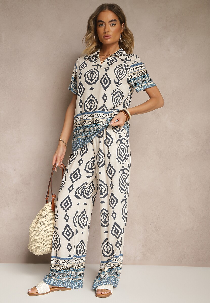 Niebieski Komplet z Wiskozy Luźne Spodnie i Bluzka w Print Boho Ralkio